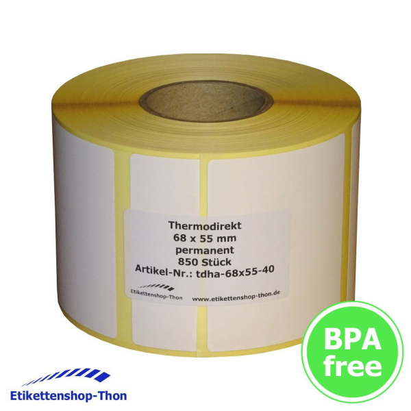 Thermodirekt - Haftetiketten auf Rolle - 68 x 55 mm - 850 Stück - Hülse 40 mm - permanent haftend - weiß - außen
